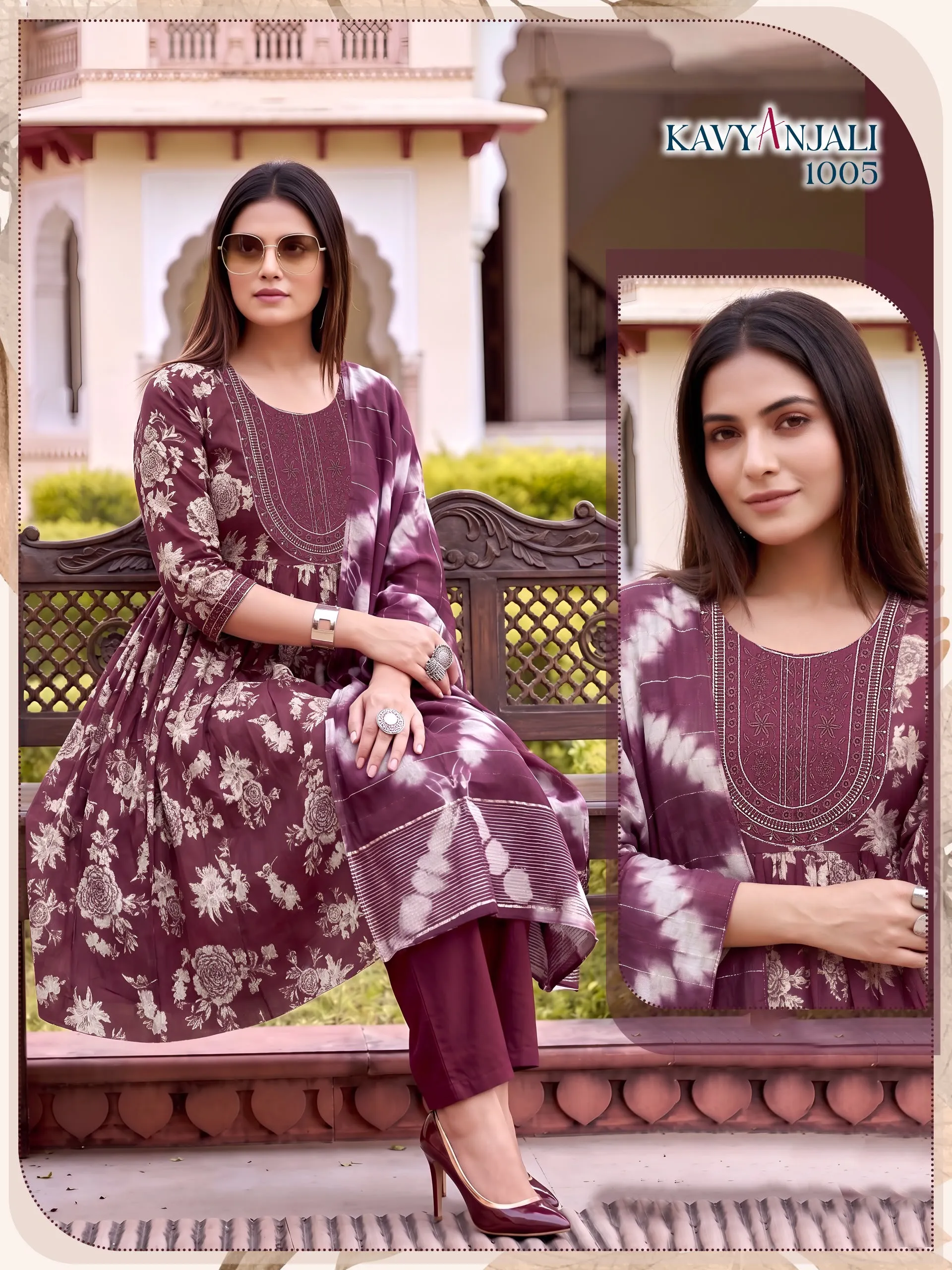 KAVYANJALI 3PCS Umbrella Vertican Discharge Print Suit Set