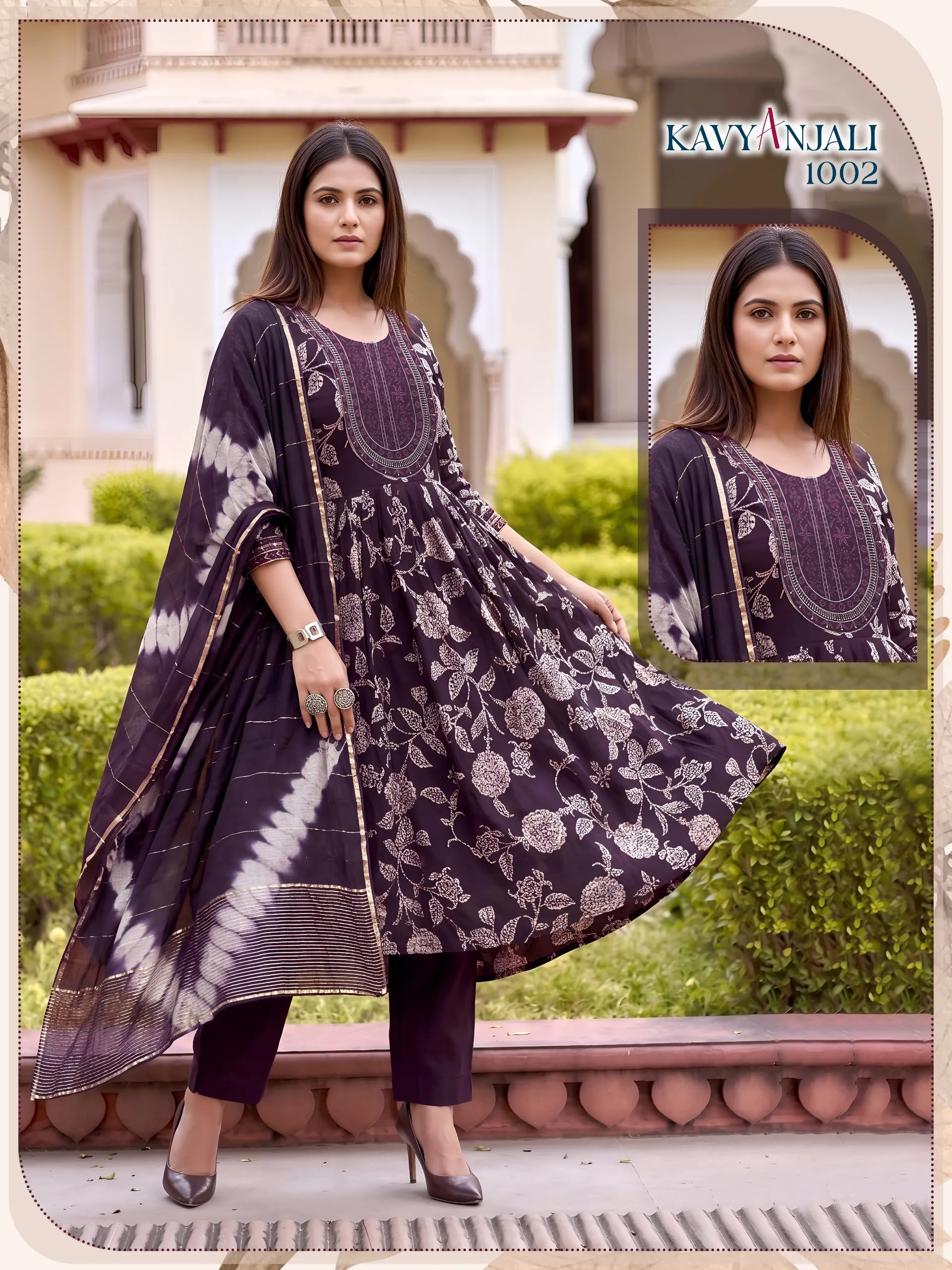 KAVYANJALI 3PCS Umbrella Vertican Discharge Print Suit Set