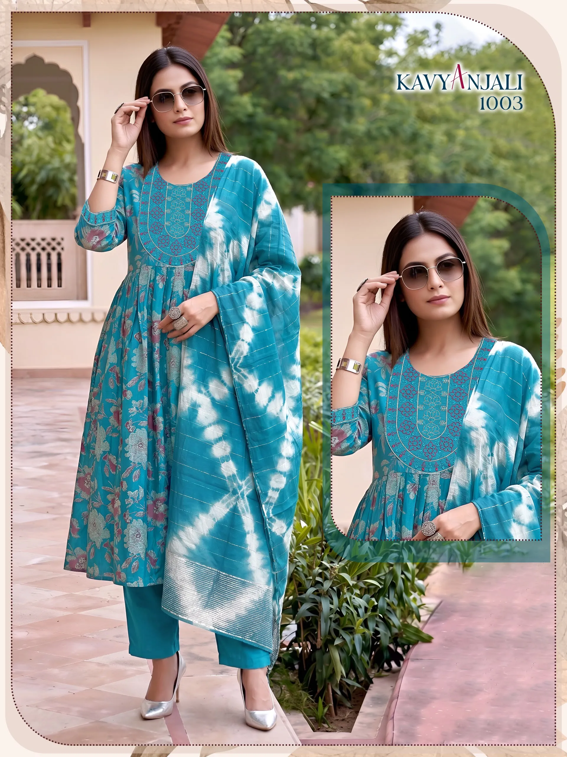 KAVYANJALI 3PCS Umbrella Vertican Discharge Print Suit Set