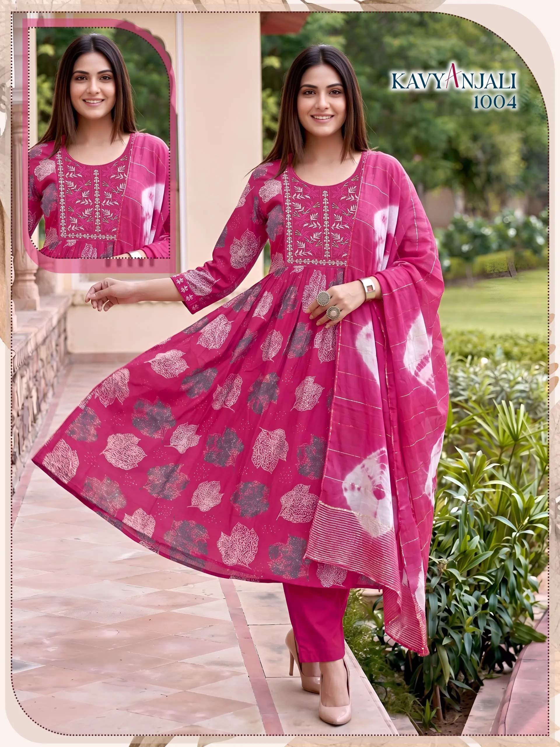 KAVYANJALI 3PCS Umbrella Vertican Discharge Print Suit Set