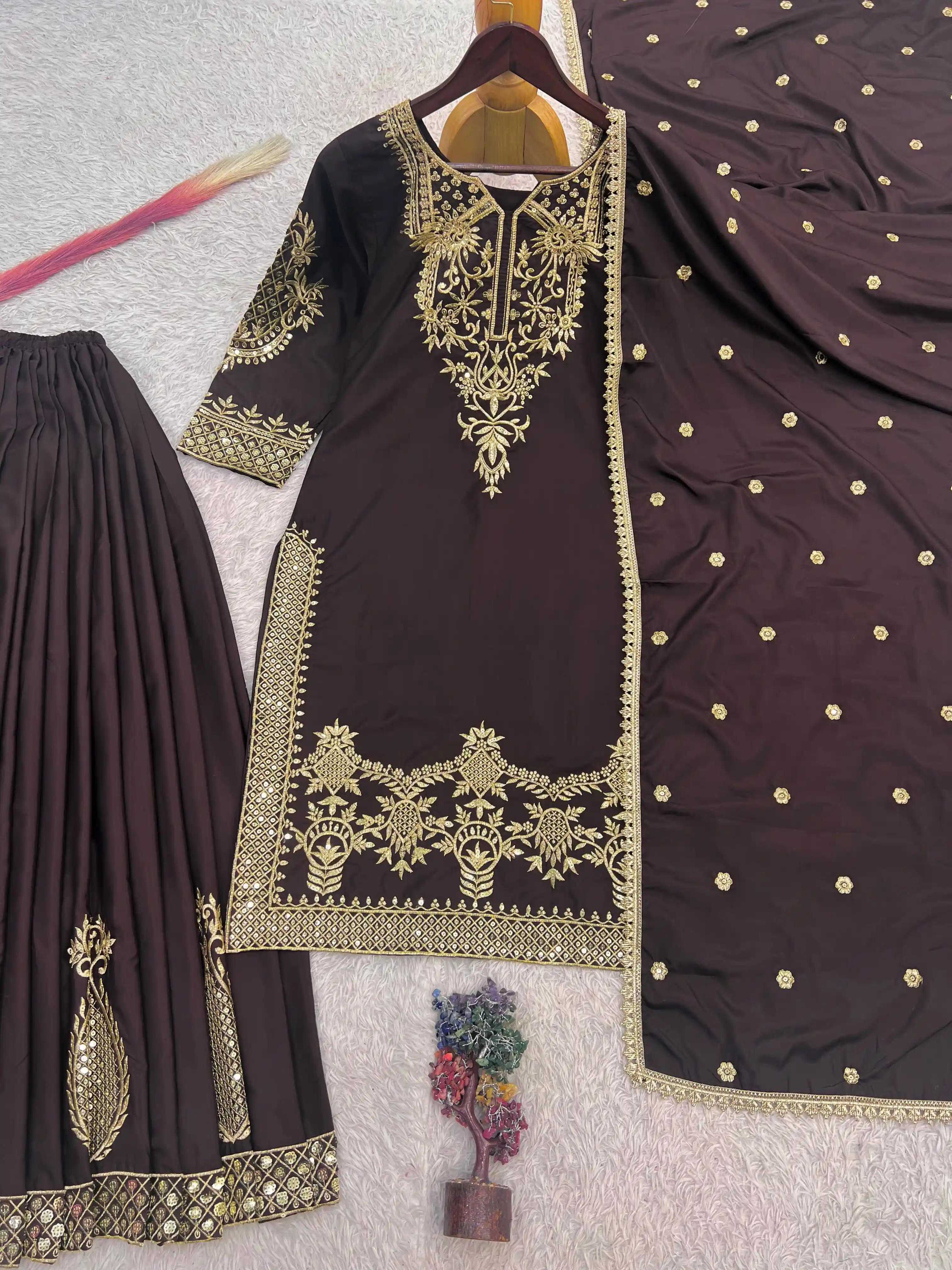 Natural Crepe Silk Embroidered Top Palazzo & Dupatta Set