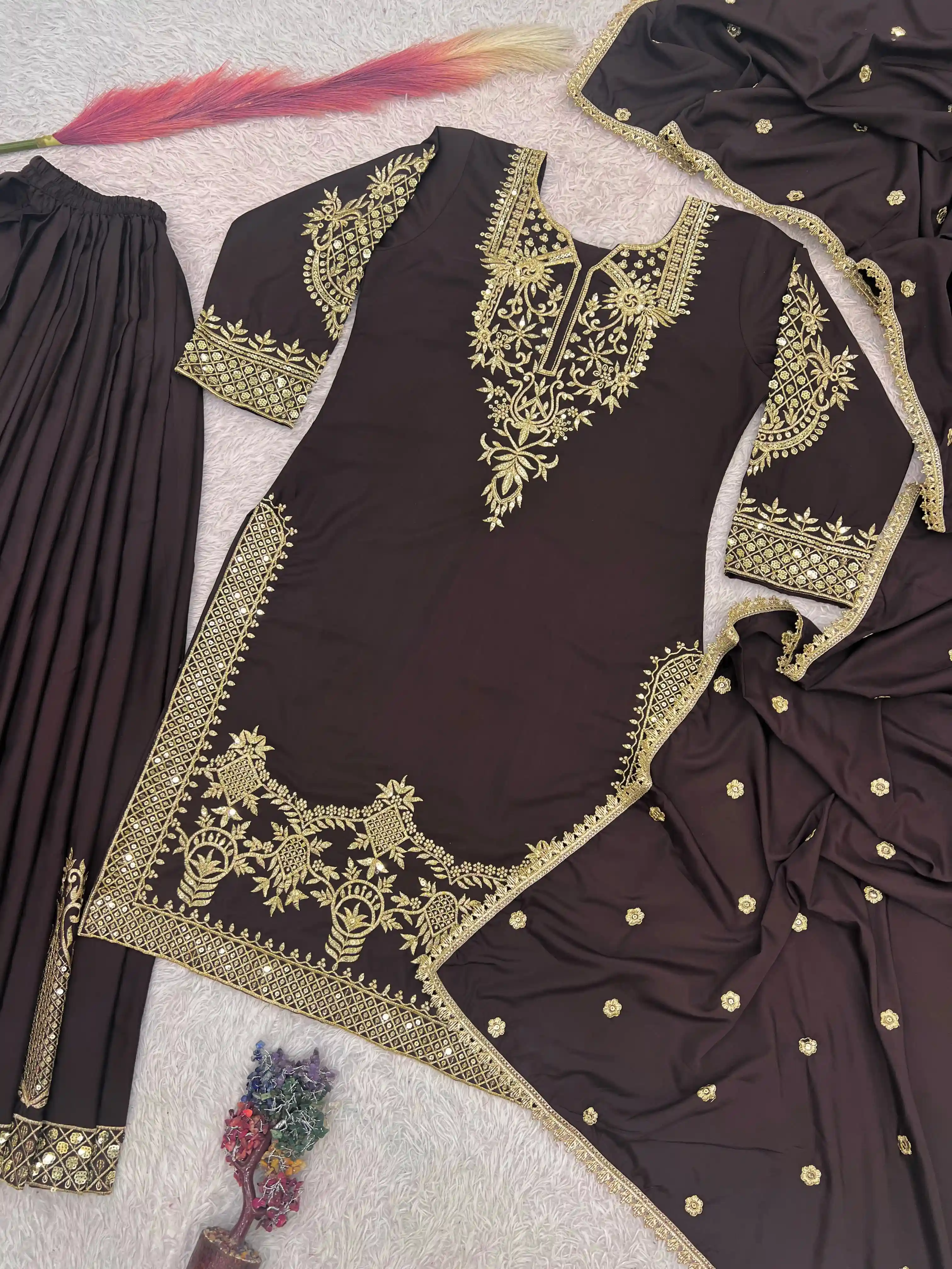 Natural Crepe Silk Embroidered Top Palazzo & Dupatta Set