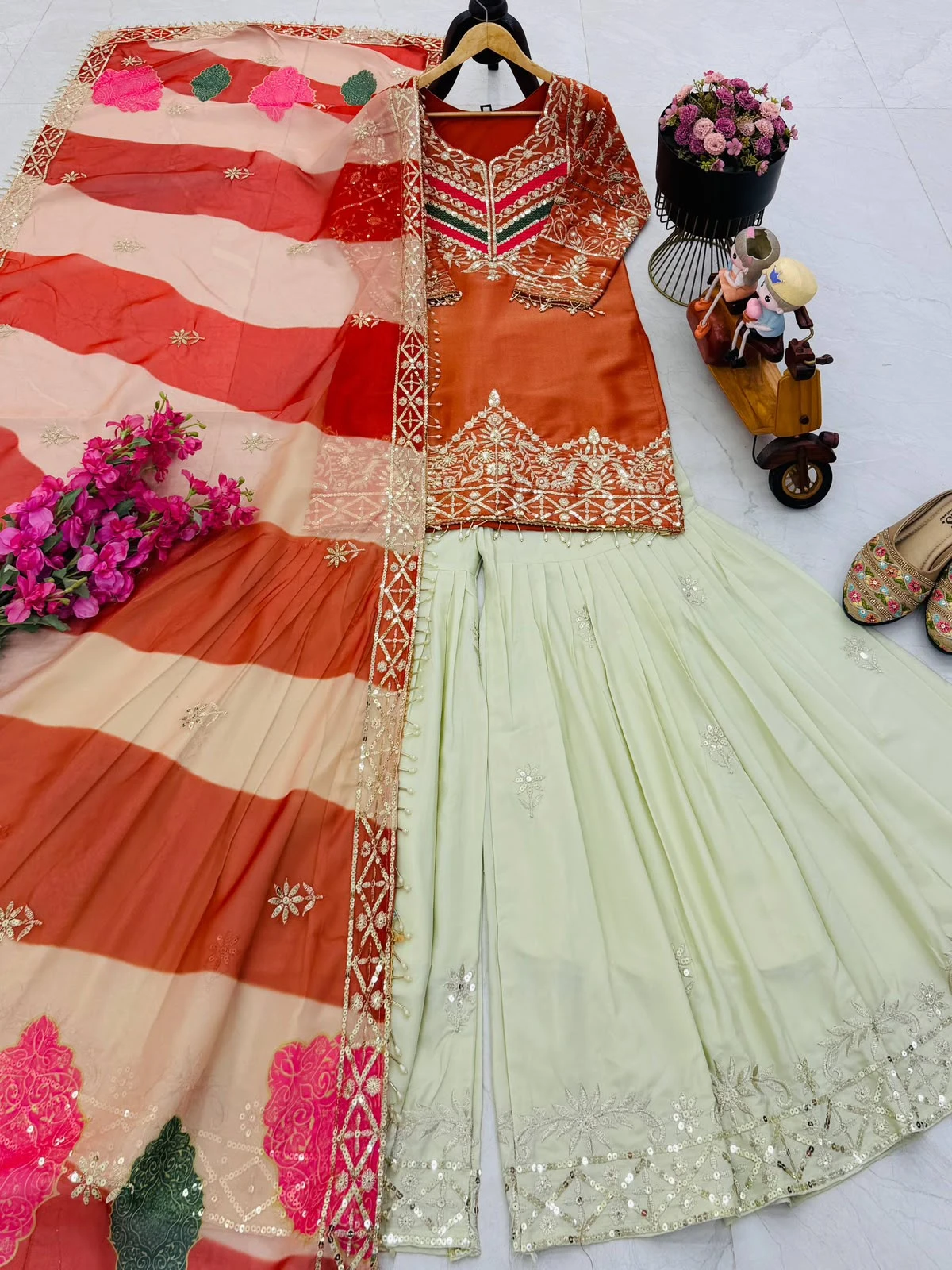 NEHA Designer Embroidered Top Palazzo & Dupatta Set