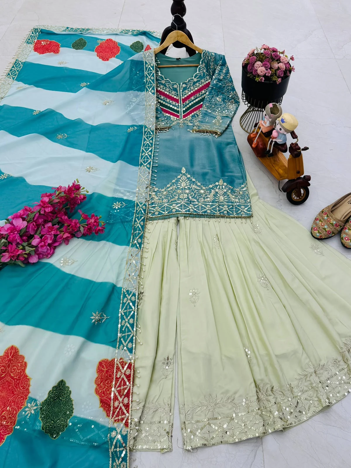 NEHA Designer Embroidered Top Palazzo & Dupatta Set