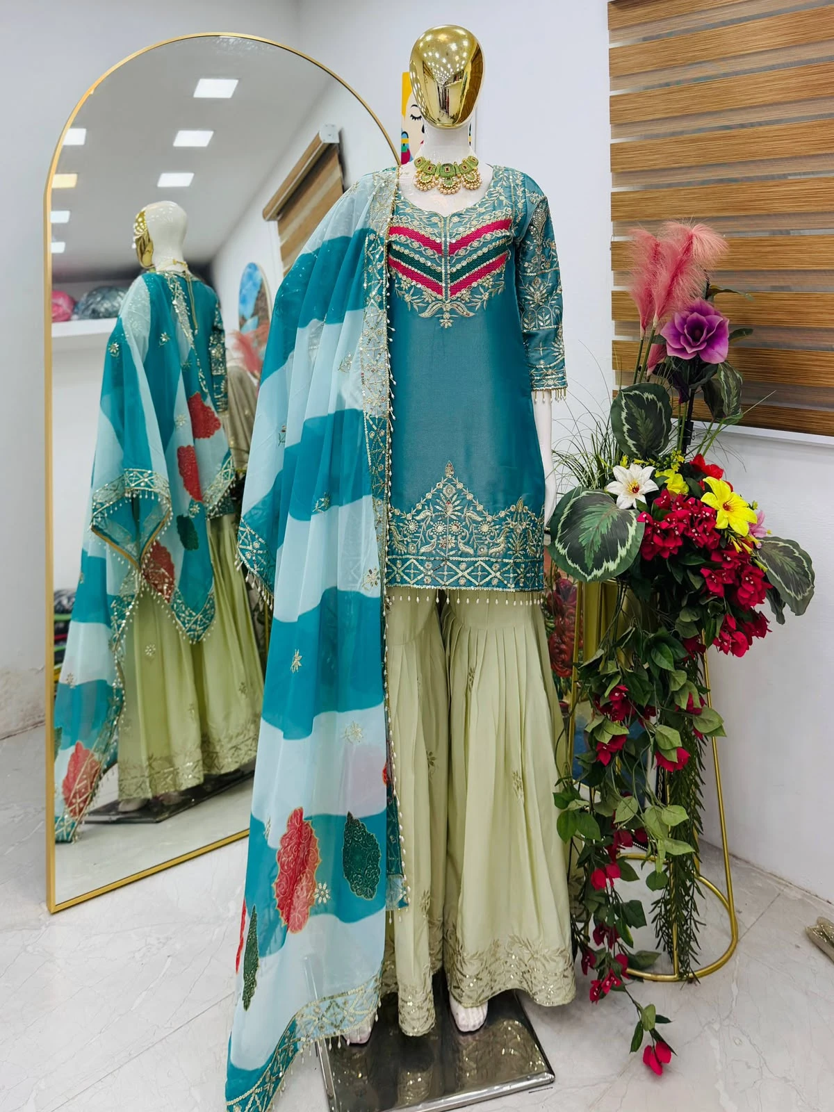 NEHA Designer Embroidered Top Palazzo & Dupatta Set