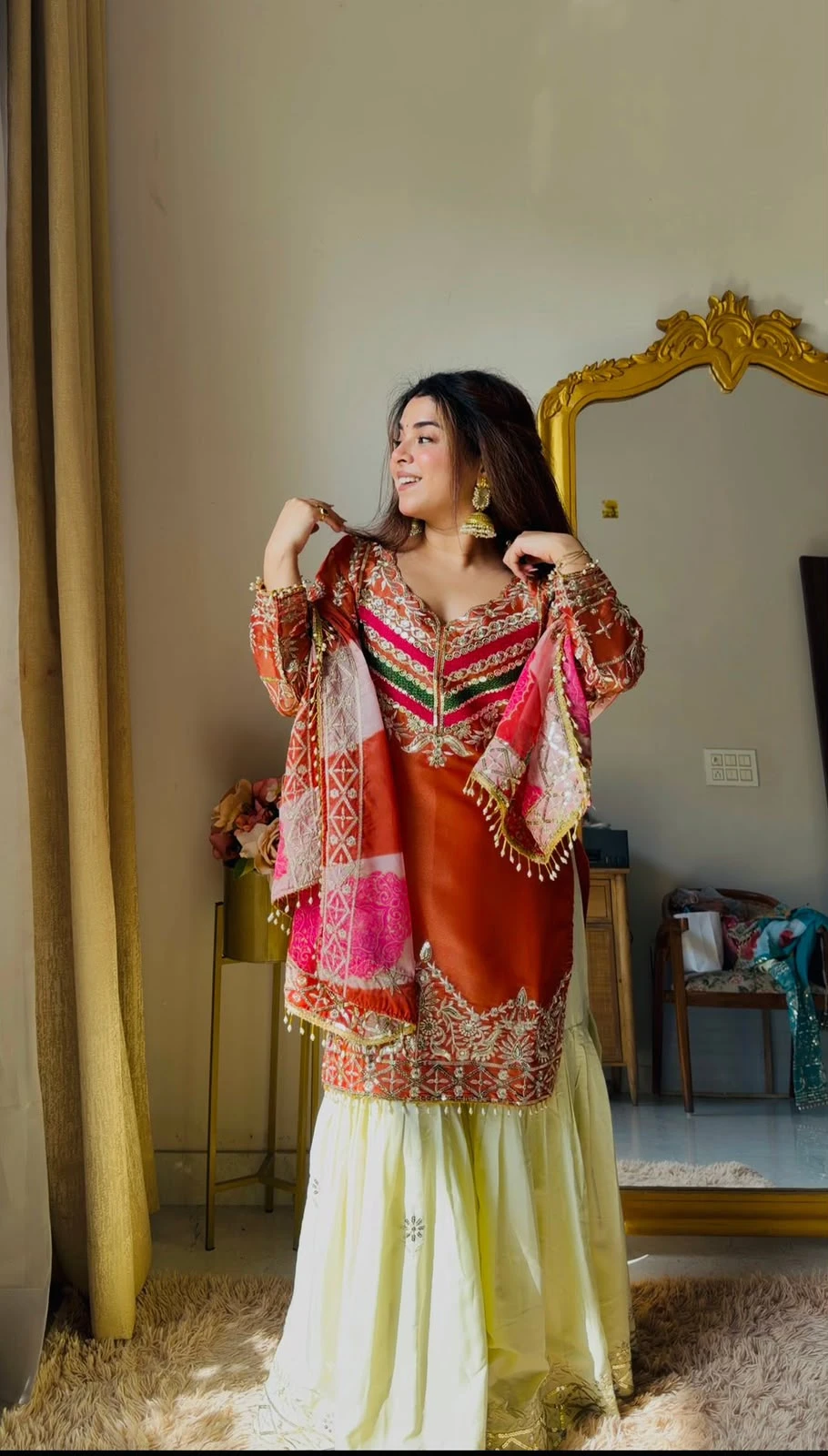 NEHA Designer Embroidered Top Palazzo & Dupatta Set