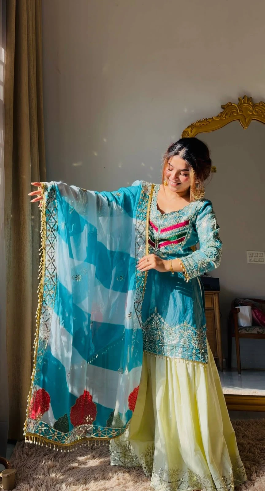NEHA Designer Embroidered Top Palazzo & Dupatta Set