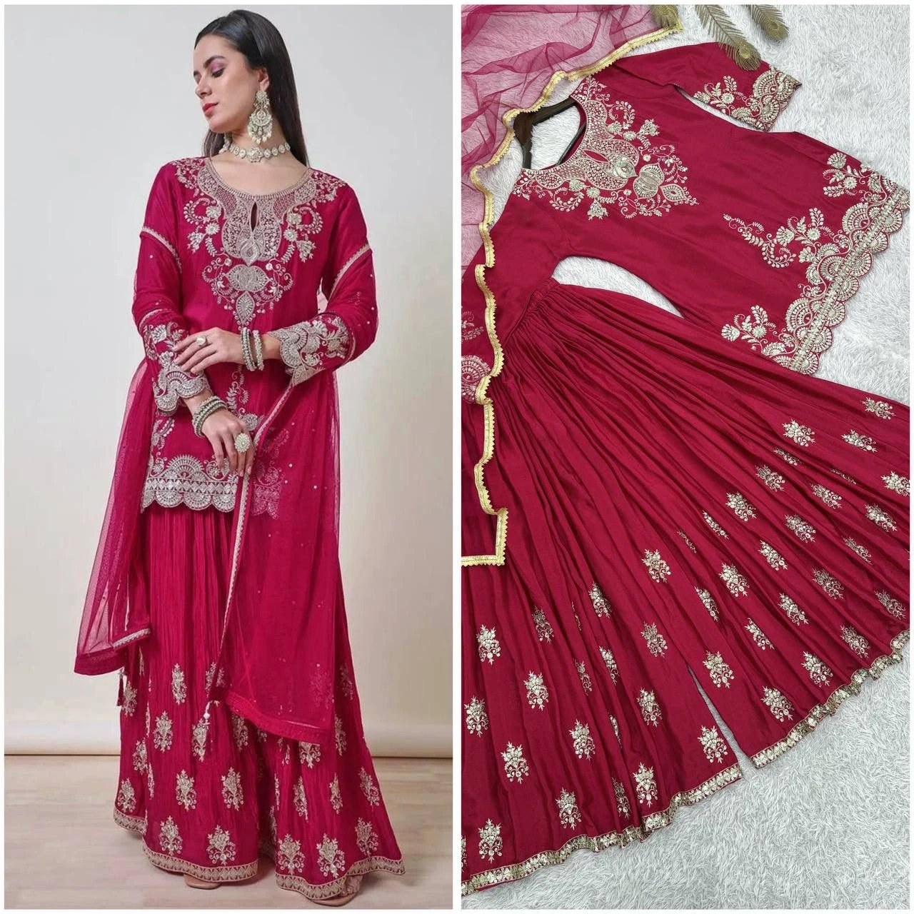Pure Chinon Silk Kurti Palazzo & Dupatta Set