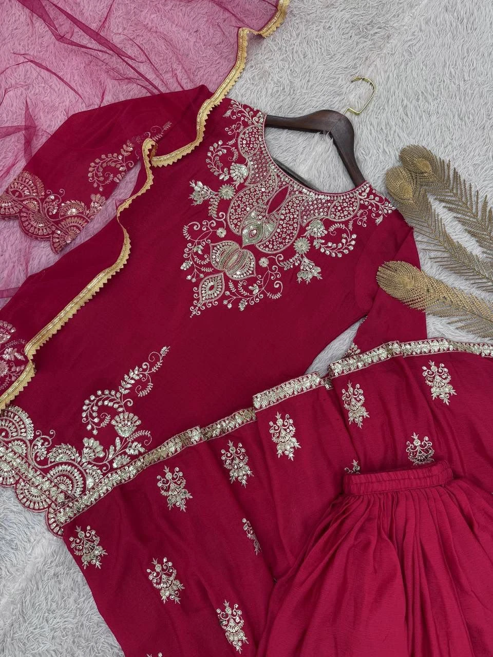 Pure Chinon Silk Kurti Palazzo & Dupatta Set