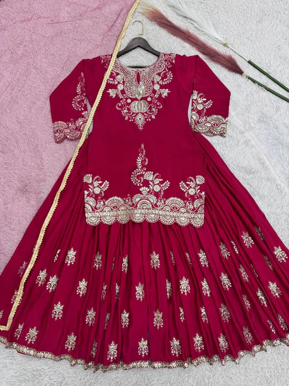 Pure Chinon Silk Kurti Palazzo & Dupatta Set