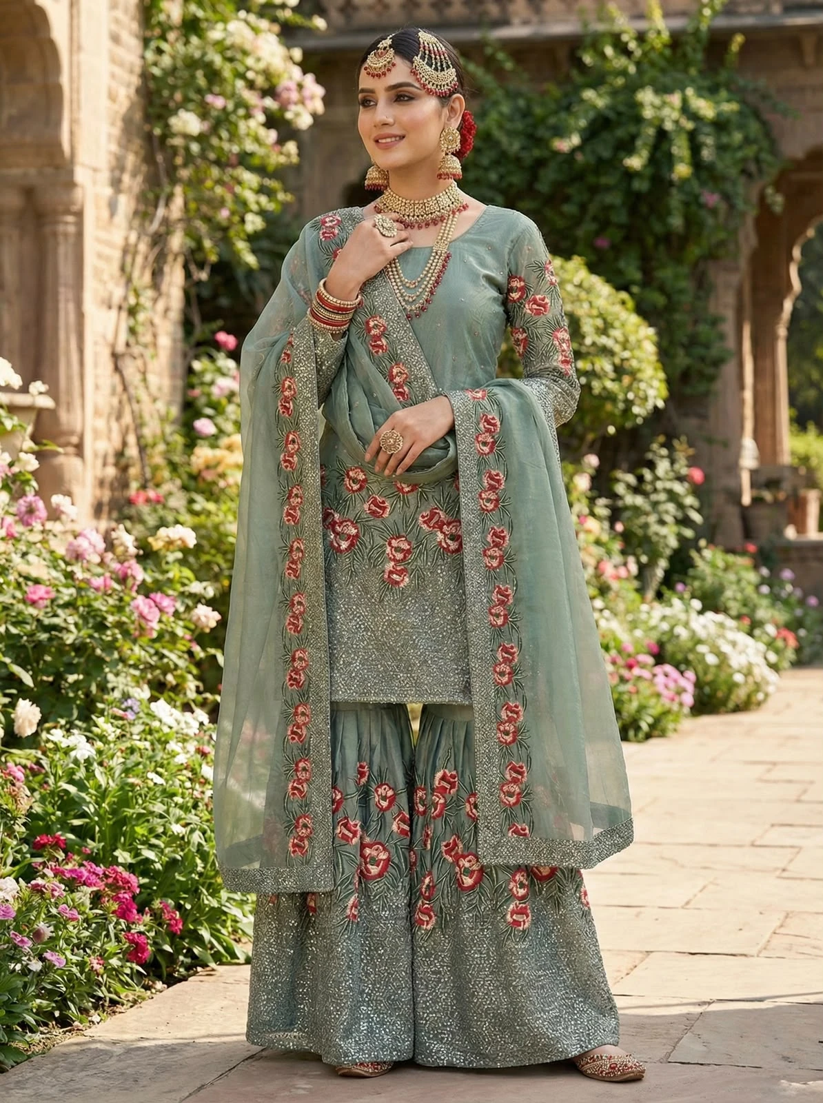 Pure Fendy Silk Embroidered Sharara Suit Set