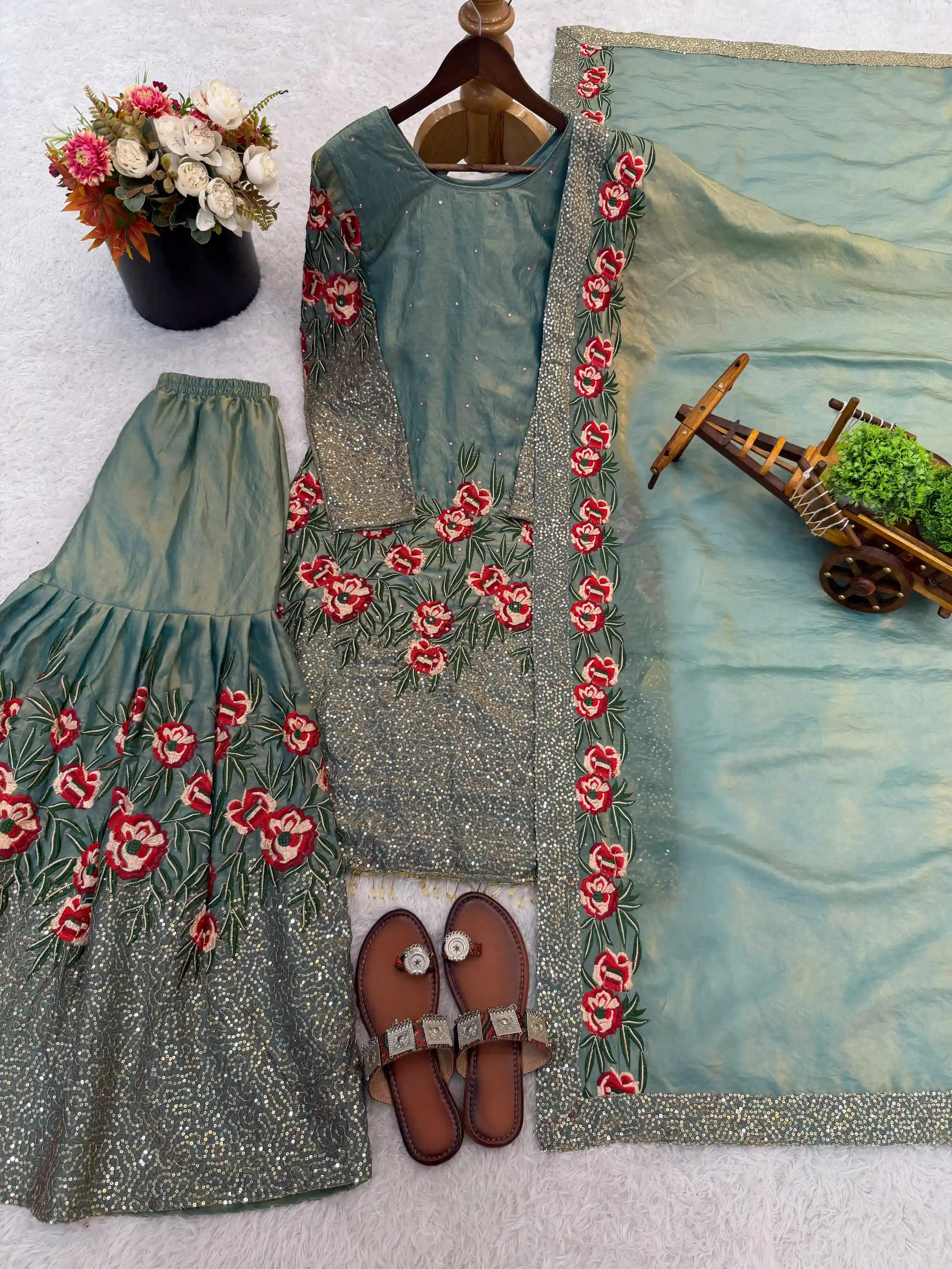 Pure Fendy Silk Embroidered Sharara Suit Set