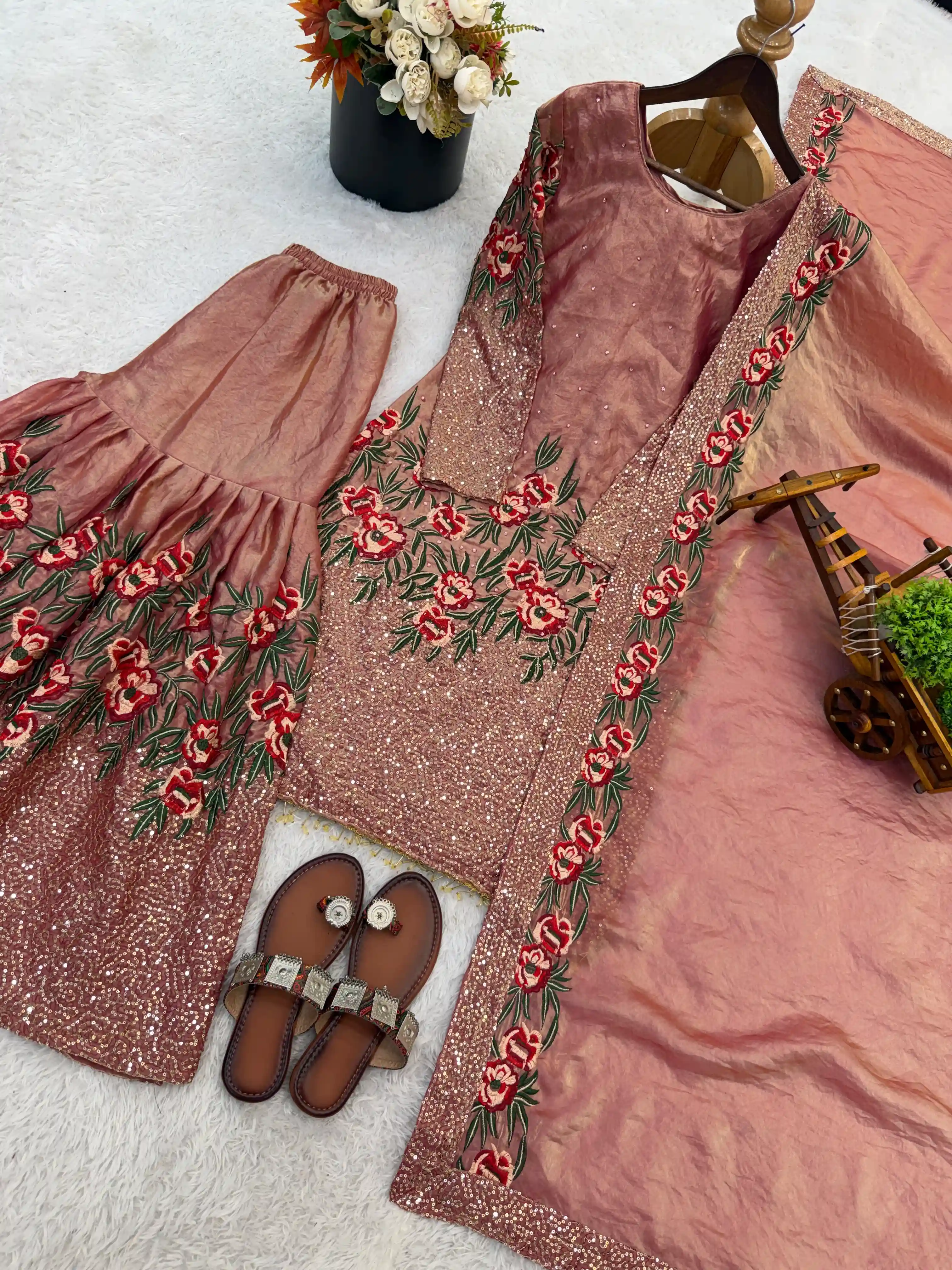 Pure Fendy Silk Embroidered Sharara Suit Set