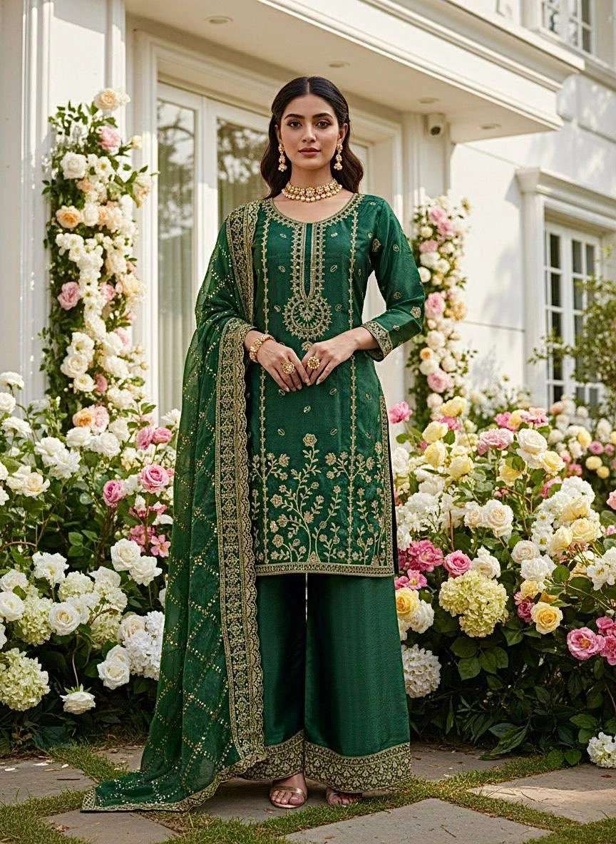 Pure GMY Silk Embroidered Top Palazzo with Dupatta Set