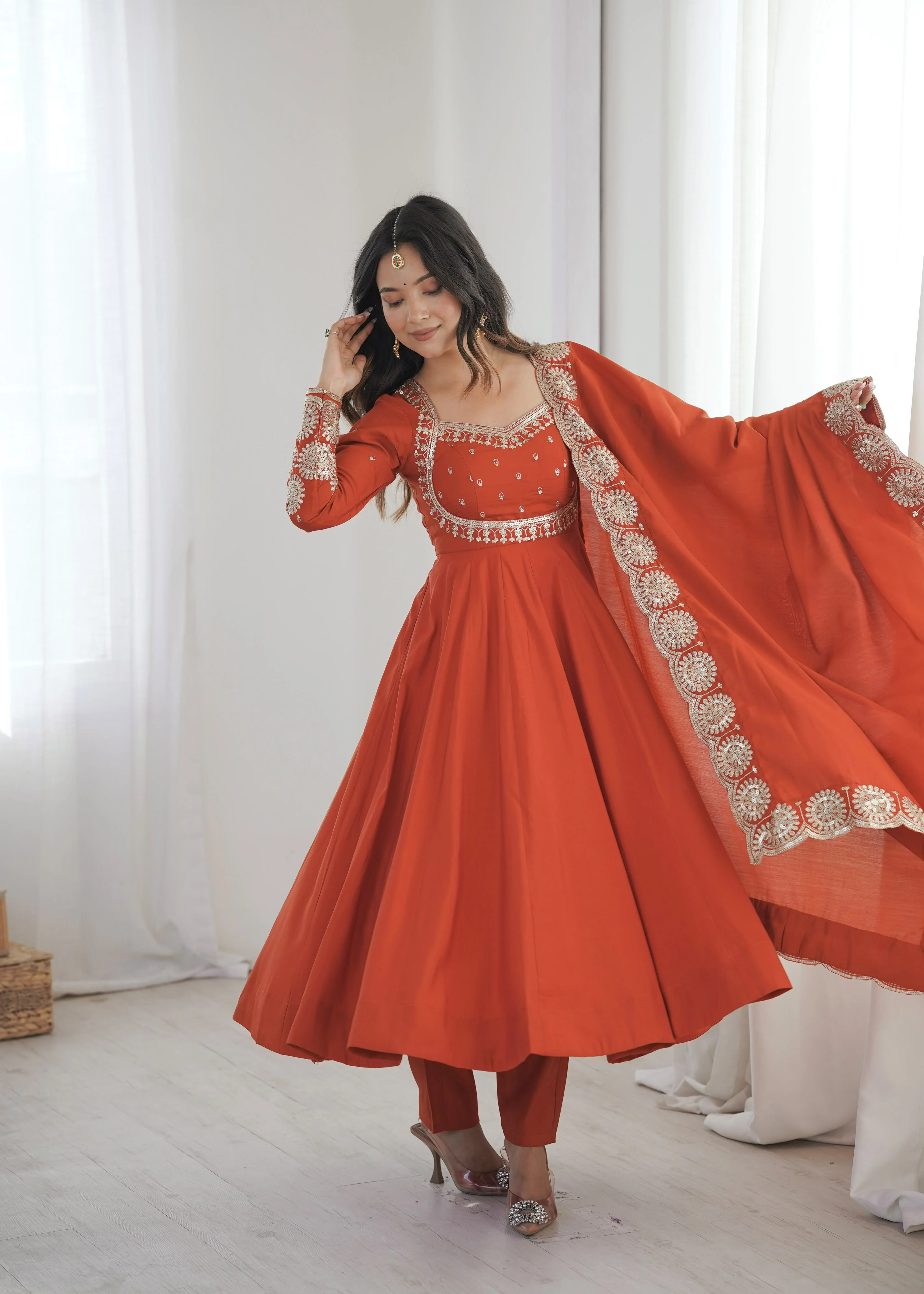 Roman Silk Embroidered Sequence Designer Anarkali Three Piece Set