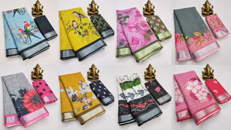 Scmg Flora L Linen Floral Printed Saree Collection