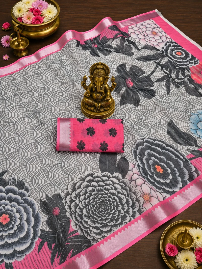 Scmg Flora L Linen Floral Printed Saree Collection
