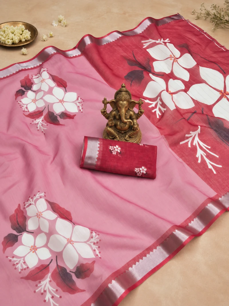 Scmg Flora L Linen Floral Printed Saree Collection