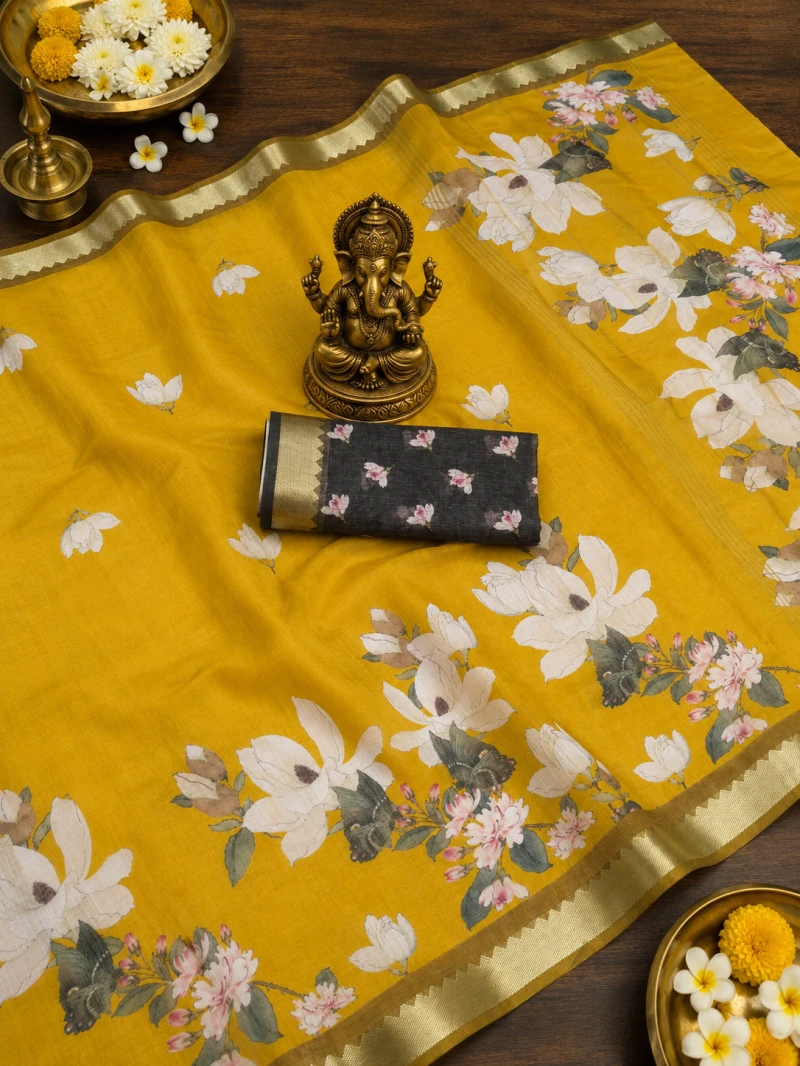 Scmg Flora L Linen Floral Printed Saree Collection