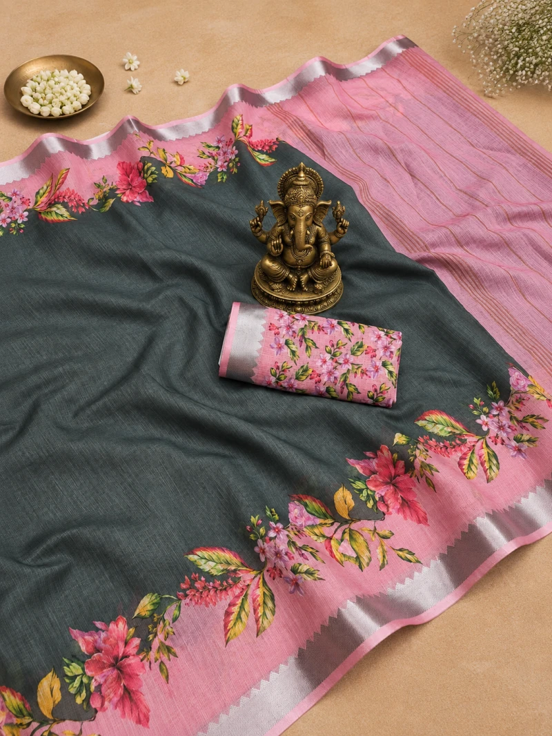 Scmg Flora L Linen Floral Printed Saree Collection