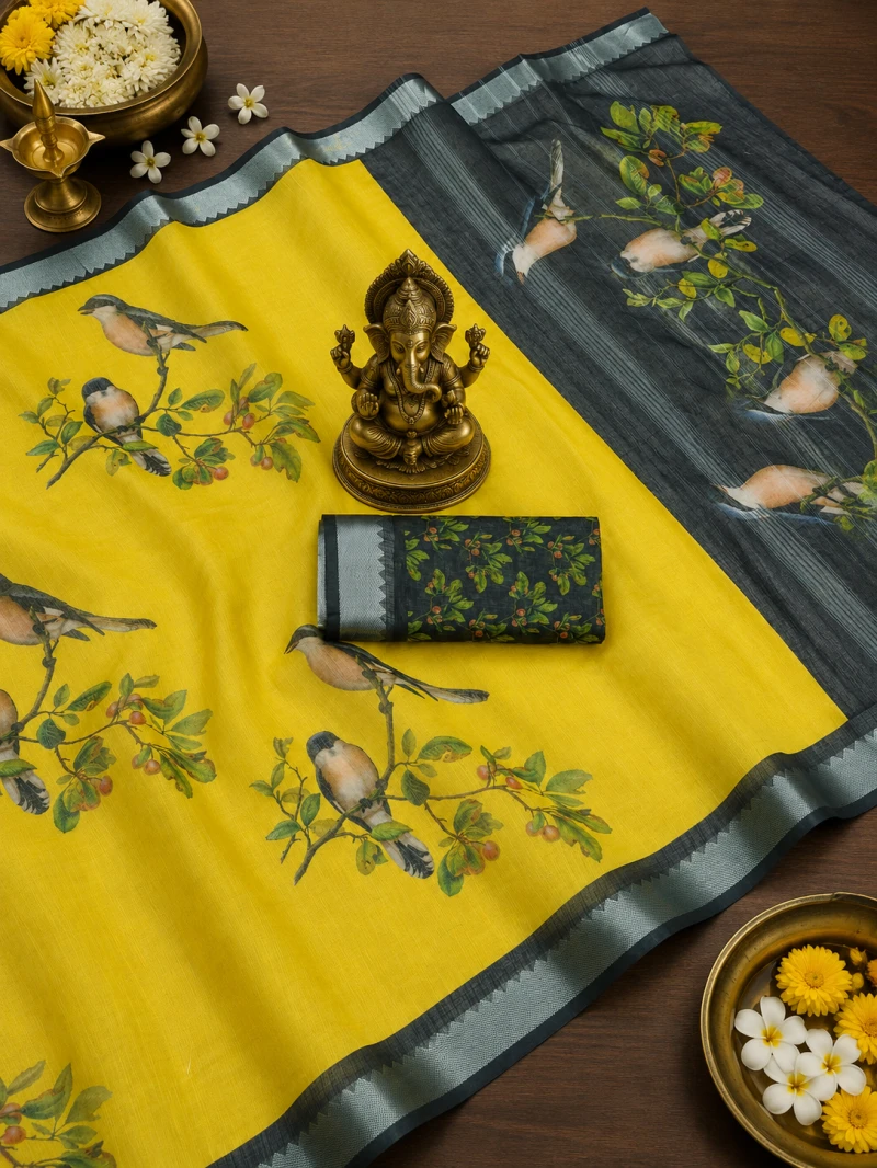 Scmg Flora L Linen Floral Printed Saree Collection