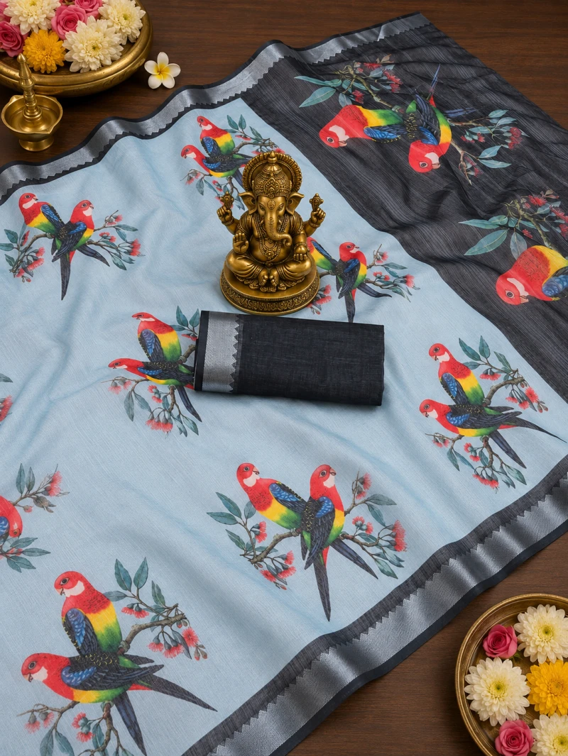 Scmg Flora L Linen Floral Printed Saree Collection