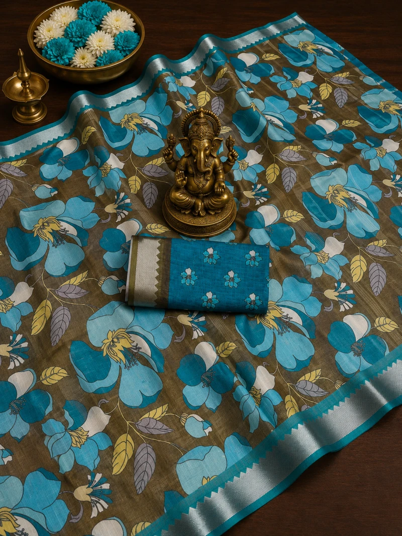 Scmg Flora M Linen Floral Woven Saree Collection