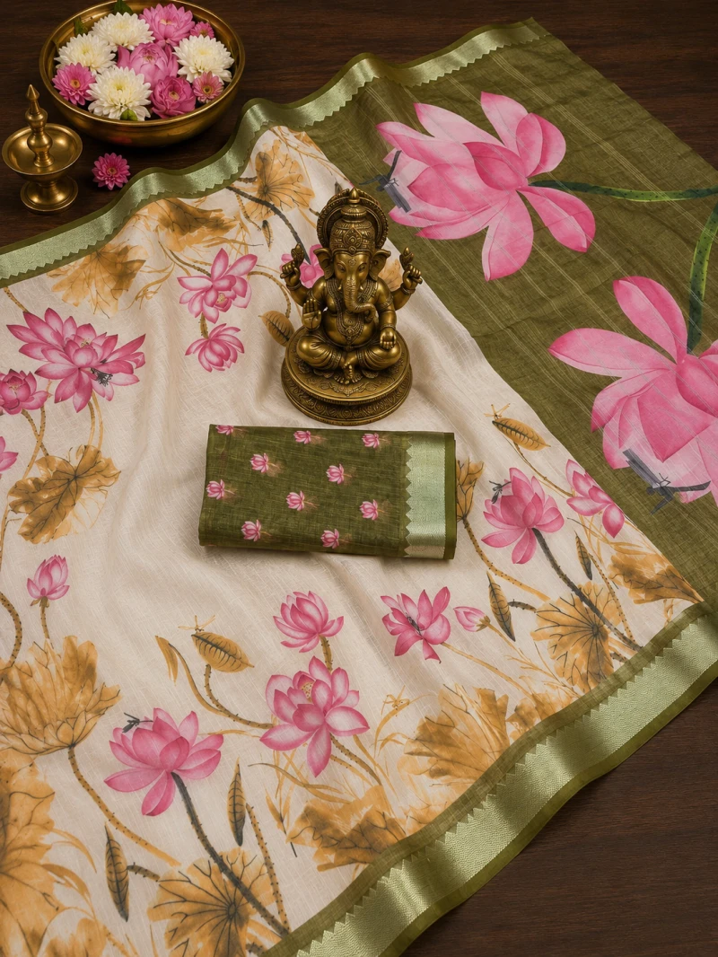 Scmg Flora M Linen Floral Woven Saree Collection