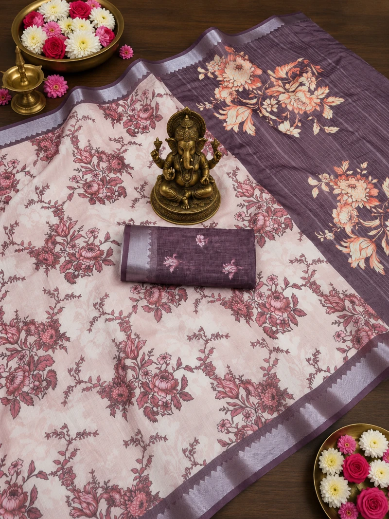 Scmg Flora M Linen Floral Woven Saree Collection