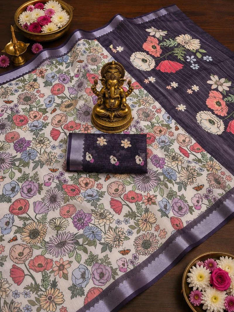 Scmg Flora M Linen Floral Woven Saree Collection