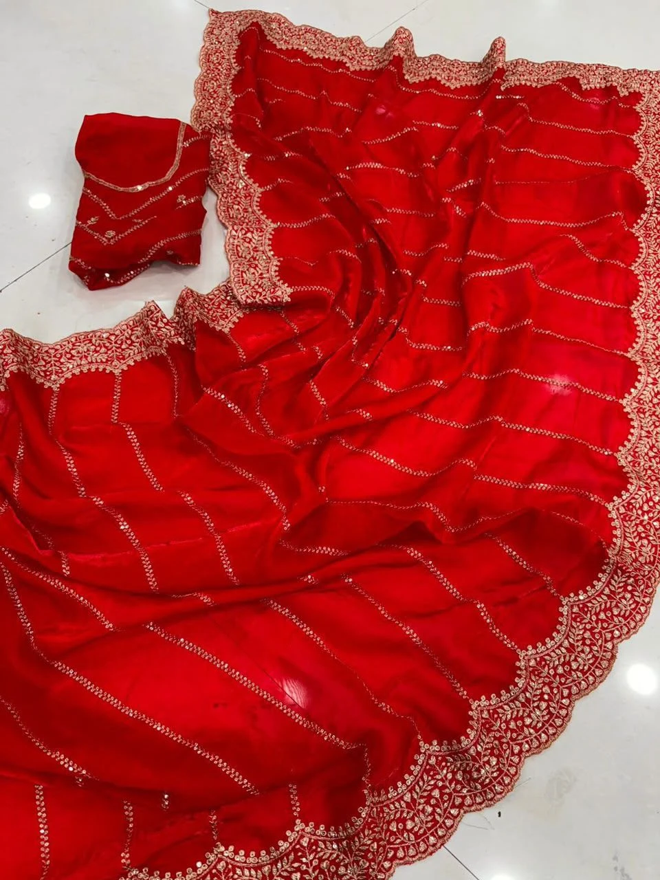 Space Satin Multi Sequence Embroidery Work Saree