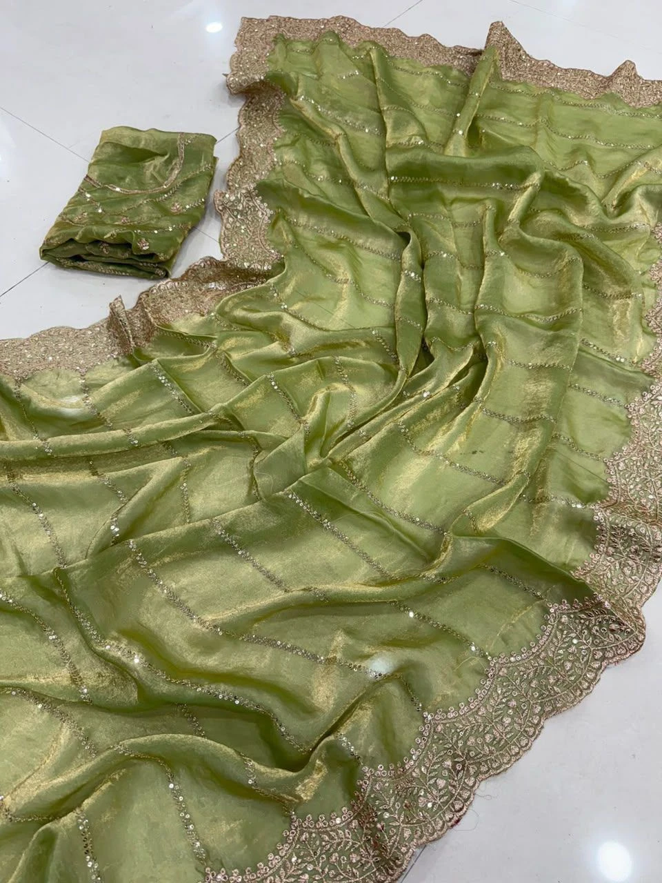 Space Satin Multi Sequence Embroidery Work Saree