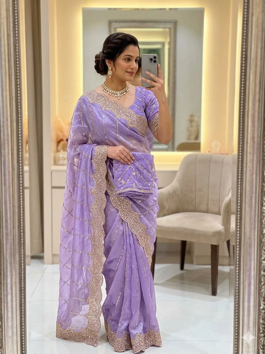 Space Satin Multi Sequence Embroidery Work Saree