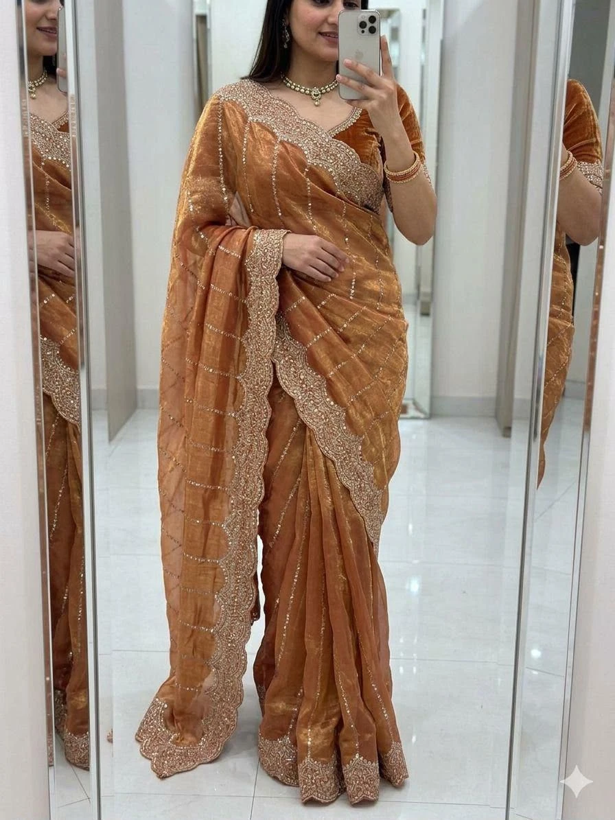 Space Satin Multi Sequence Embroidery Work Saree