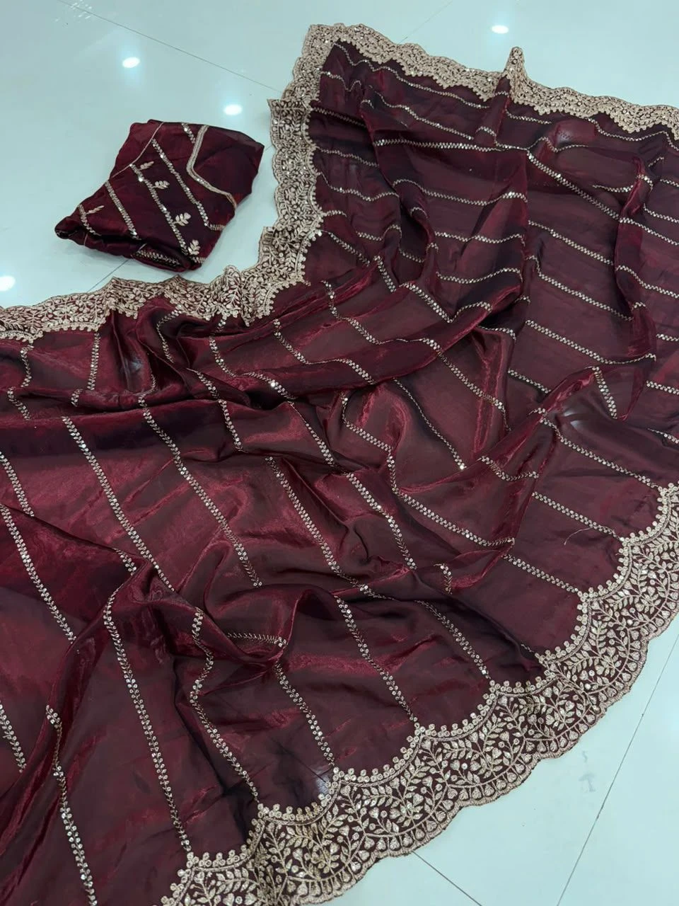 Space Satin Multi Sequence Embroidery Work Saree
