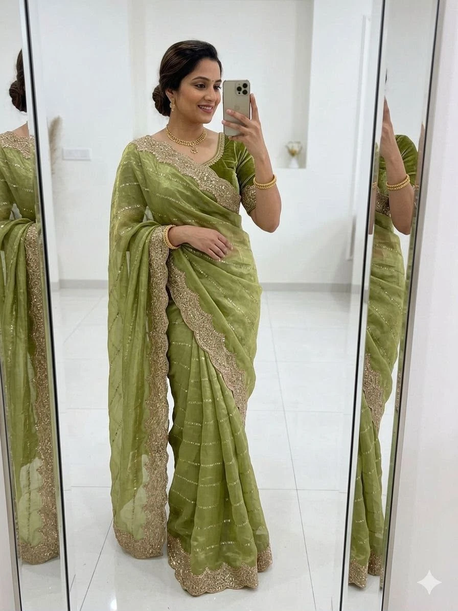 Space Satin Multi Sequence Embroidery Work Saree