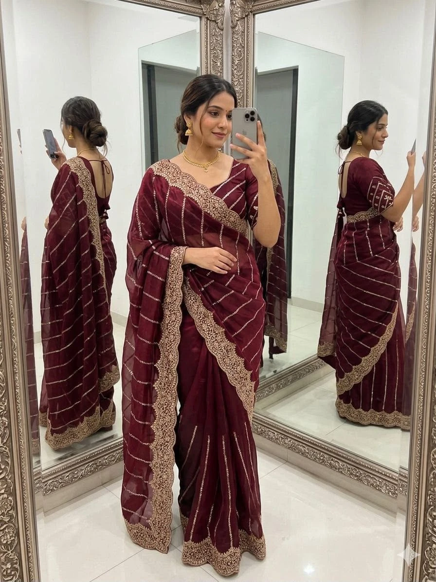 Space Satin Multi Sequence Embroidery Work Saree