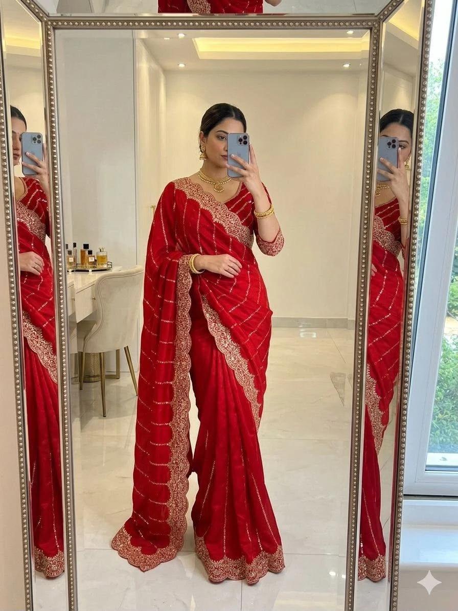 Space Satin Multi Sequence Embroidery Work Saree