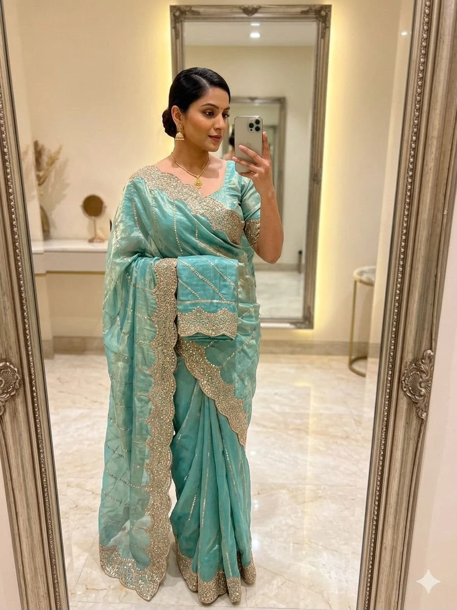 Space Satin Multi Sequence Embroidery Work Saree