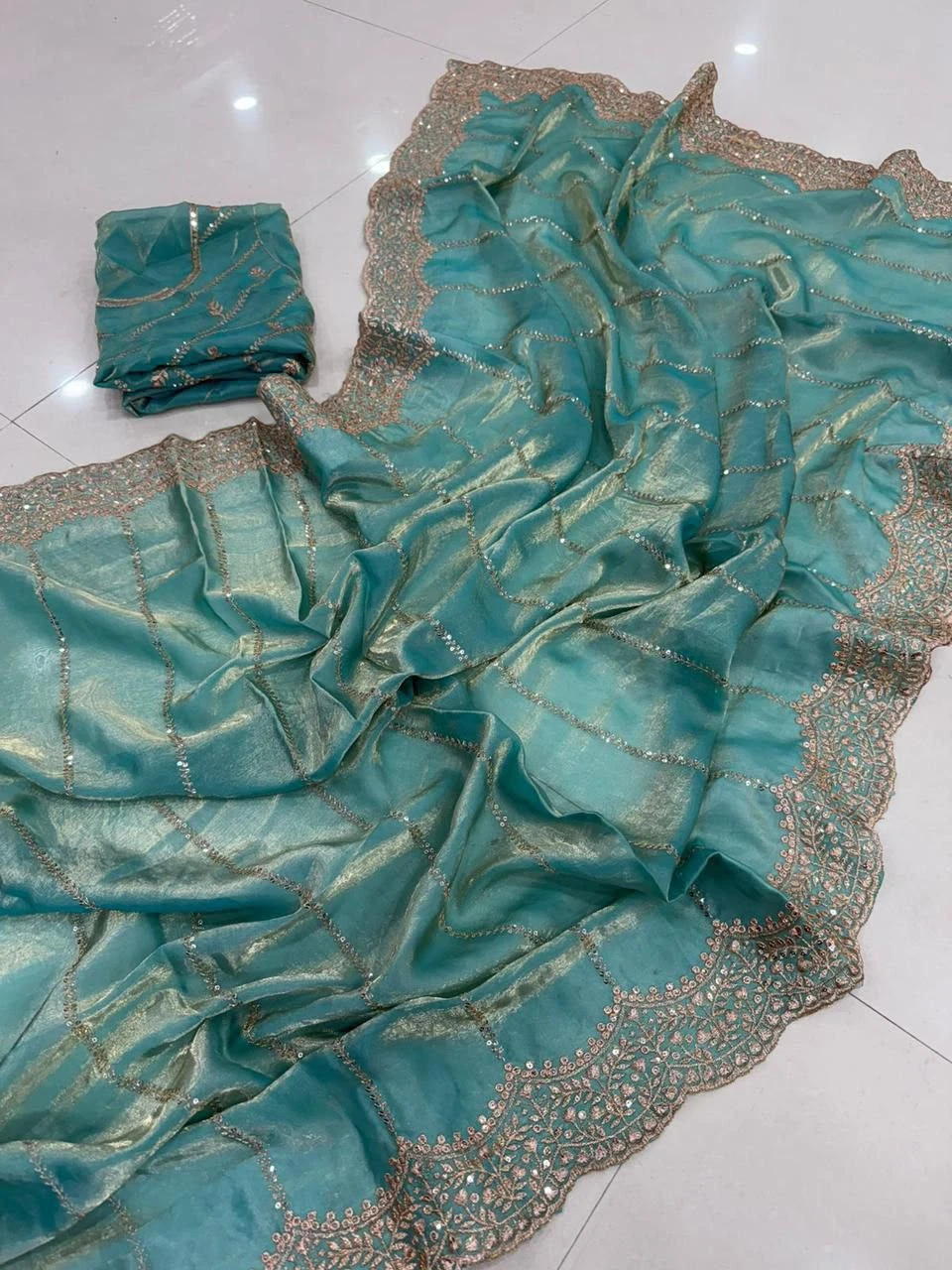 Space Satin Multi Sequence Embroidery Work Saree