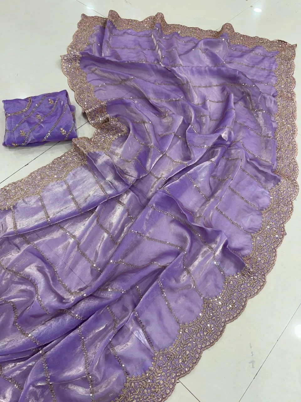 Space Satin Multi Sequence Embroidery Work Saree