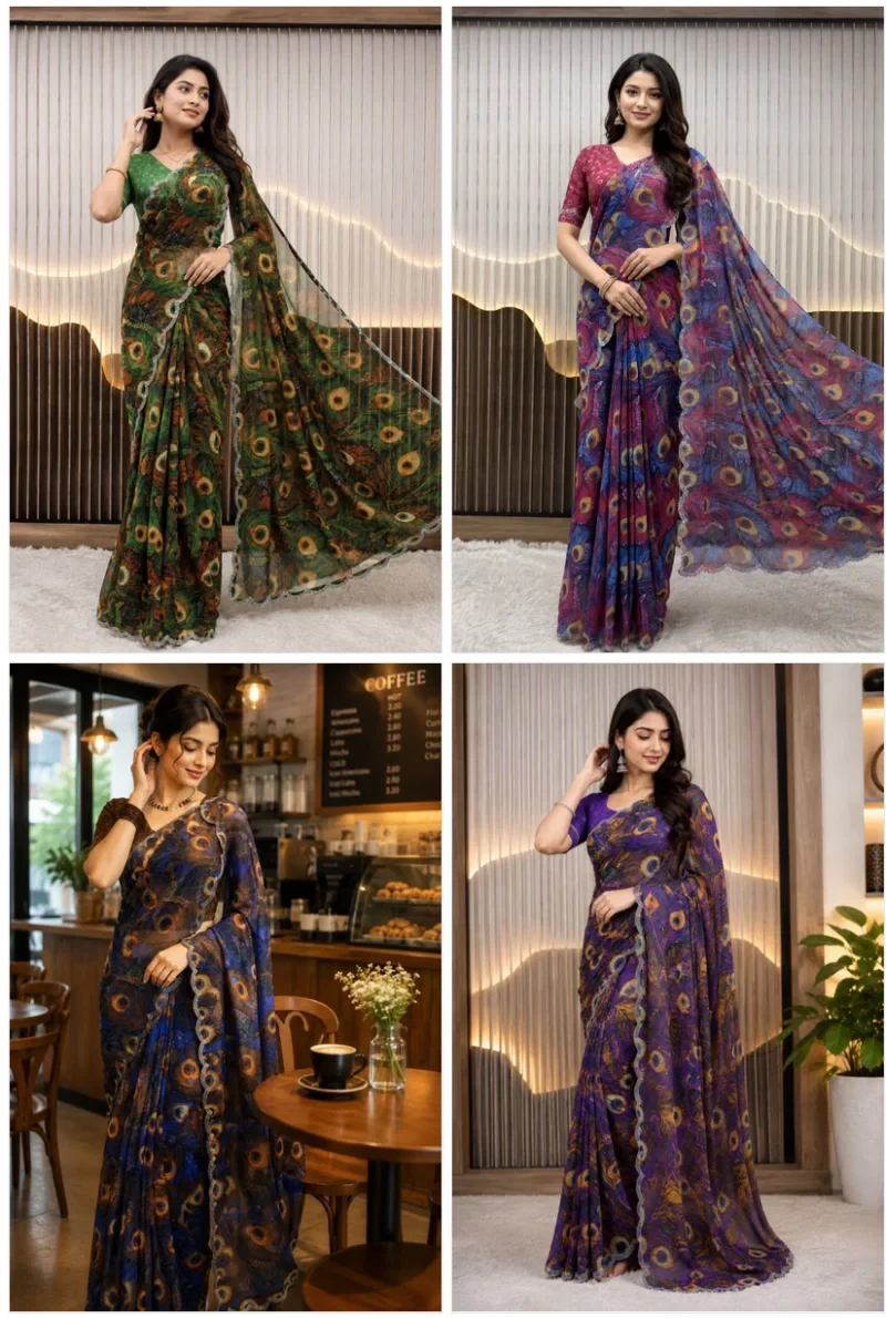 St D No 155 a Soft Faux Georgette Peacock Digital Printed Saree