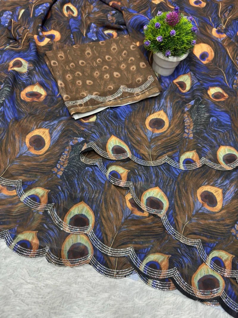 St D No 155 a Soft Faux Georgette Peacock Digital Printed Saree