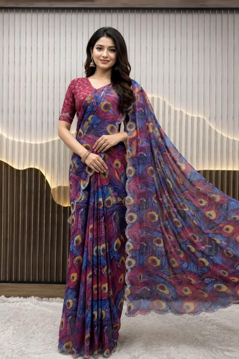 St D No 155 a Soft Faux Georgette Peacock Digital Printed Saree