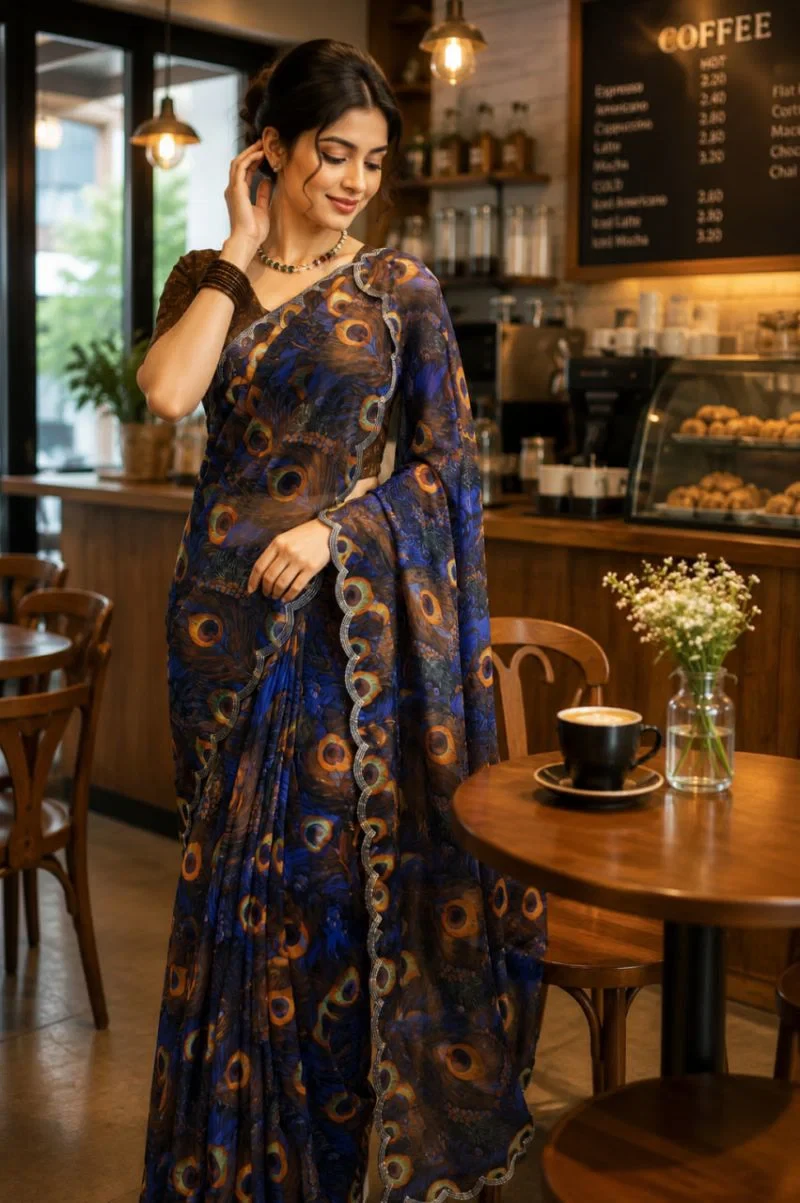 St D No 155 a Soft Faux Georgette Peacock Digital Printed Saree