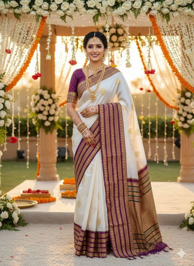 Aab Swet Soft Silk Jacquard Pattern Work Saree