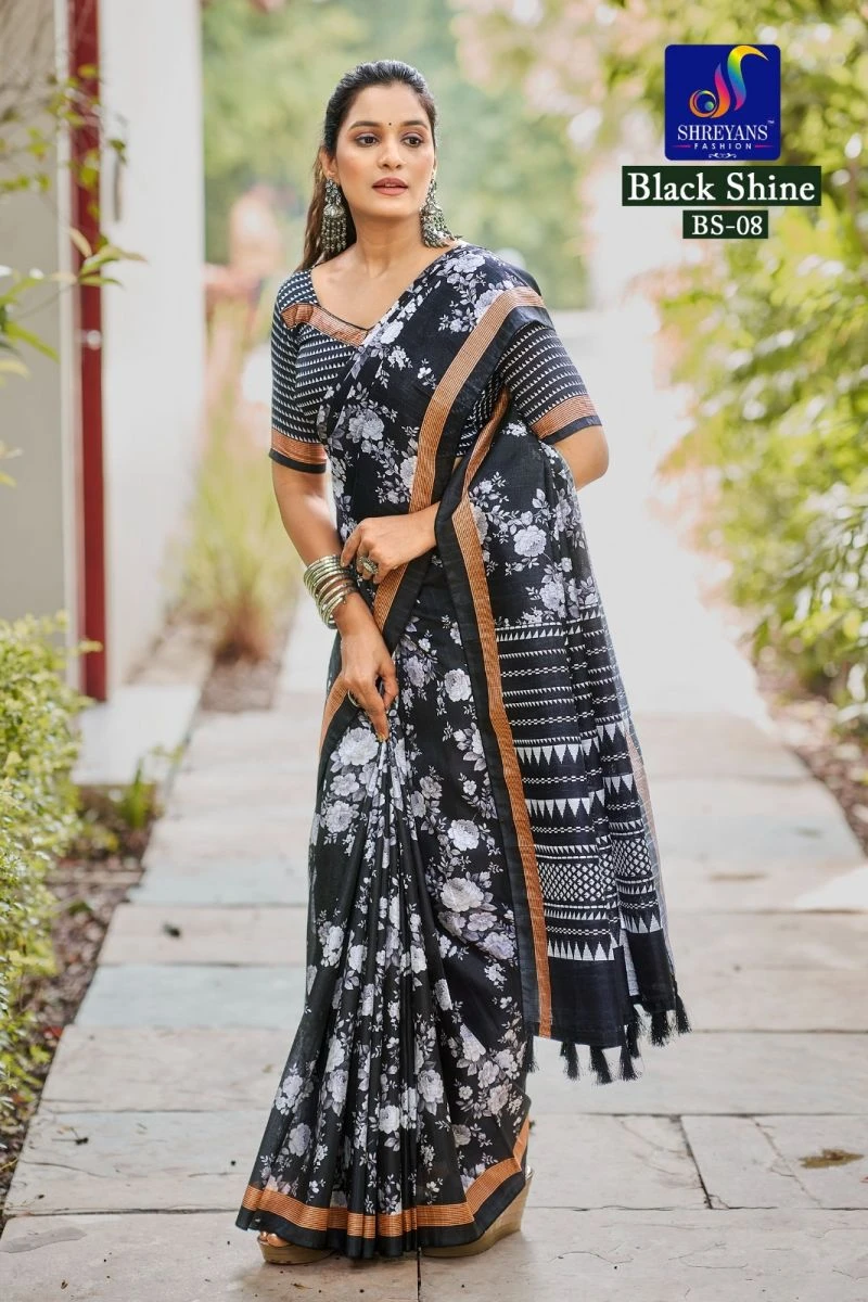 Black Shine Linen Printed Saree Collection