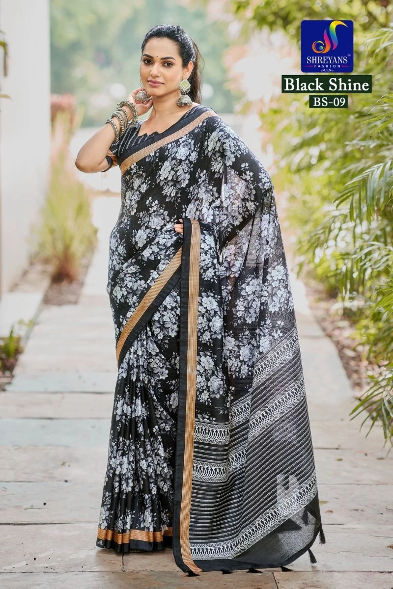 Black Shine Linen Printed Saree Collection