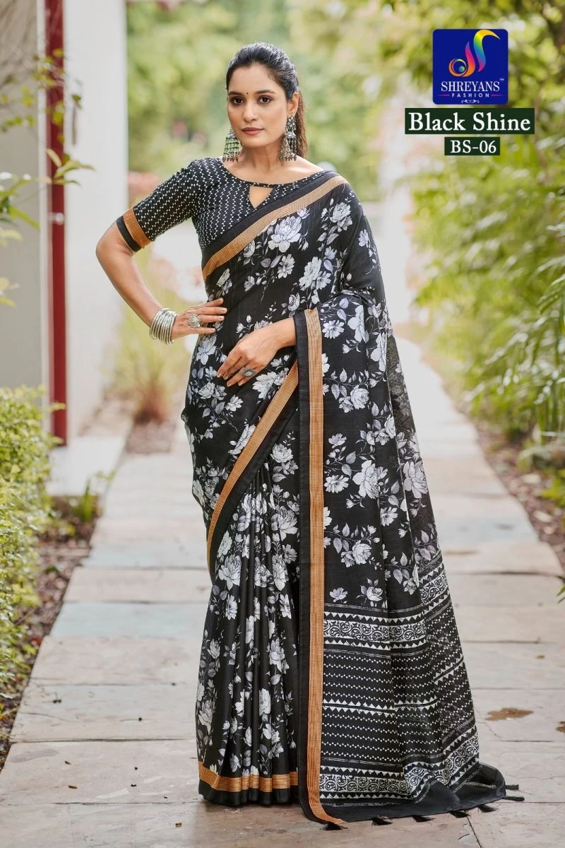 Black Shine Linen Printed Saree Collection