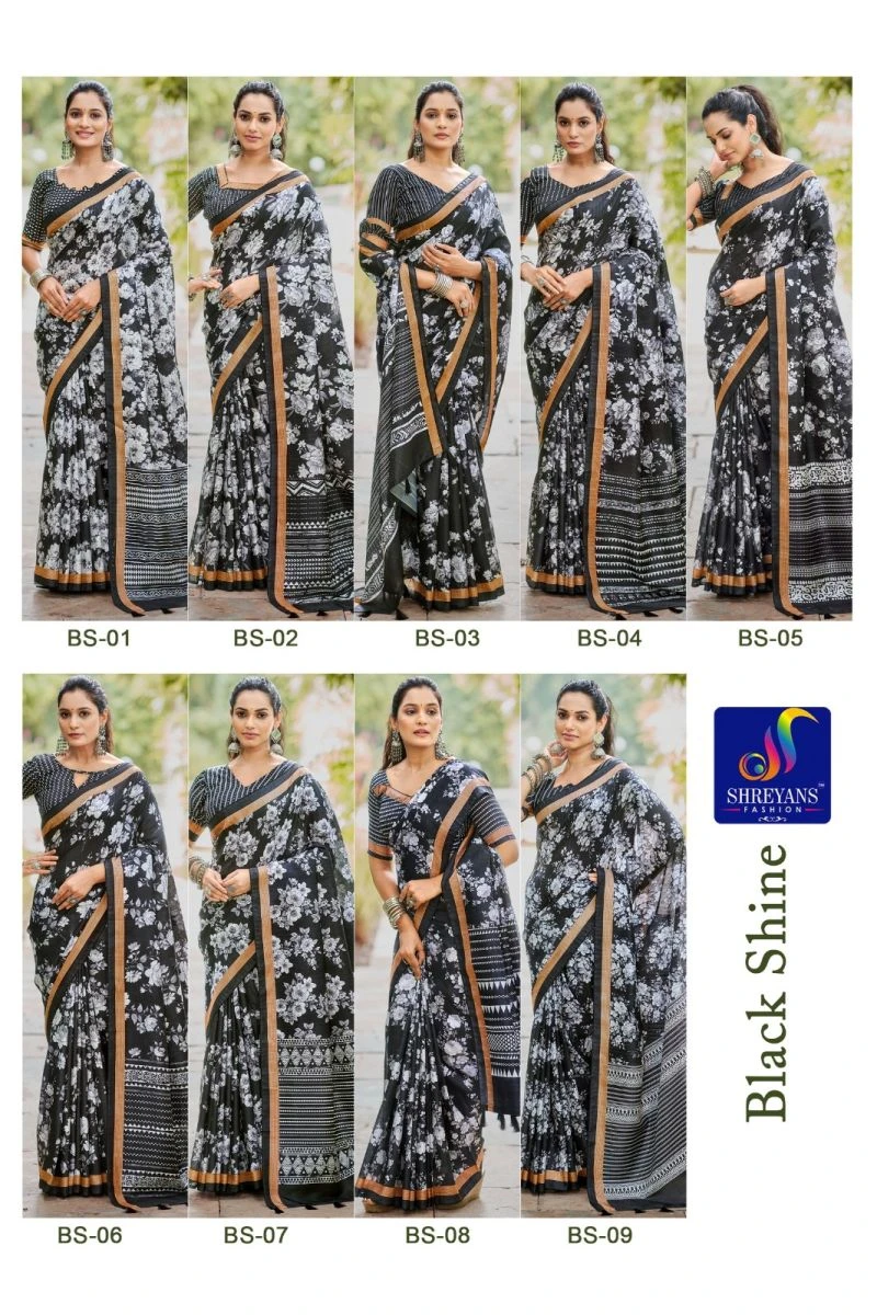 Black Shine Linen Printed Saree Collection